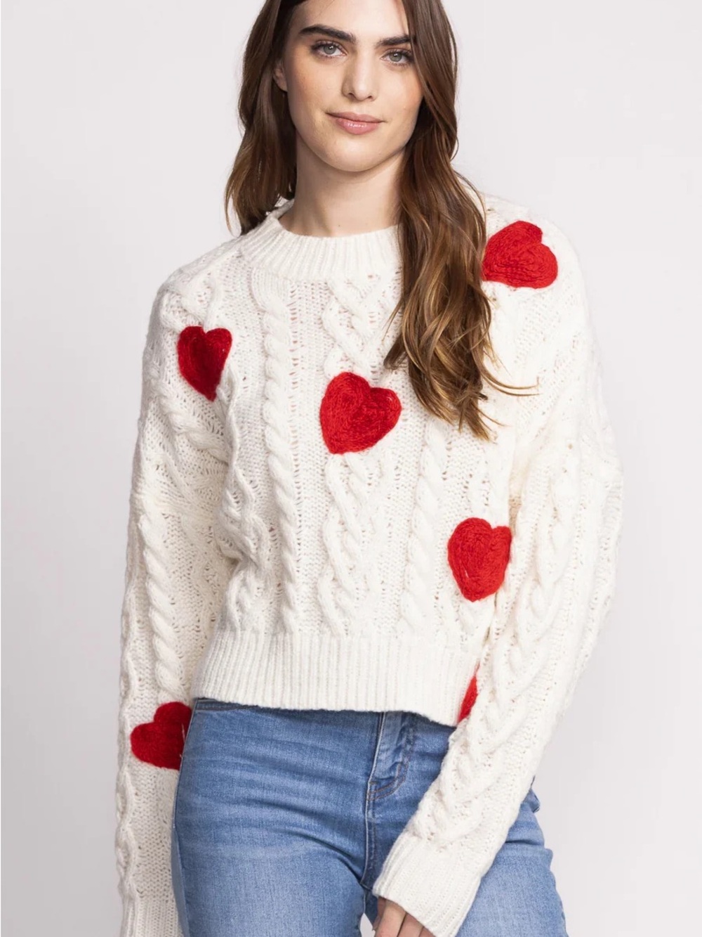 New with Tags Boutique Cream Cable Knit Sweater with Red Heart Appliqués